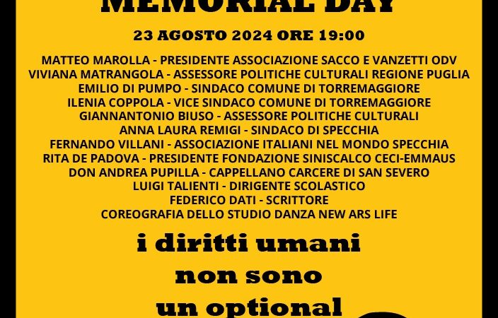 Programma ufficiale del Sacco & Vanzetti Memorial Day 2024 che si terrà a Torremaggiore il 23 agosto 2024 presso il Piazzale Palma e Piacquaddio a partire dalle ore 19