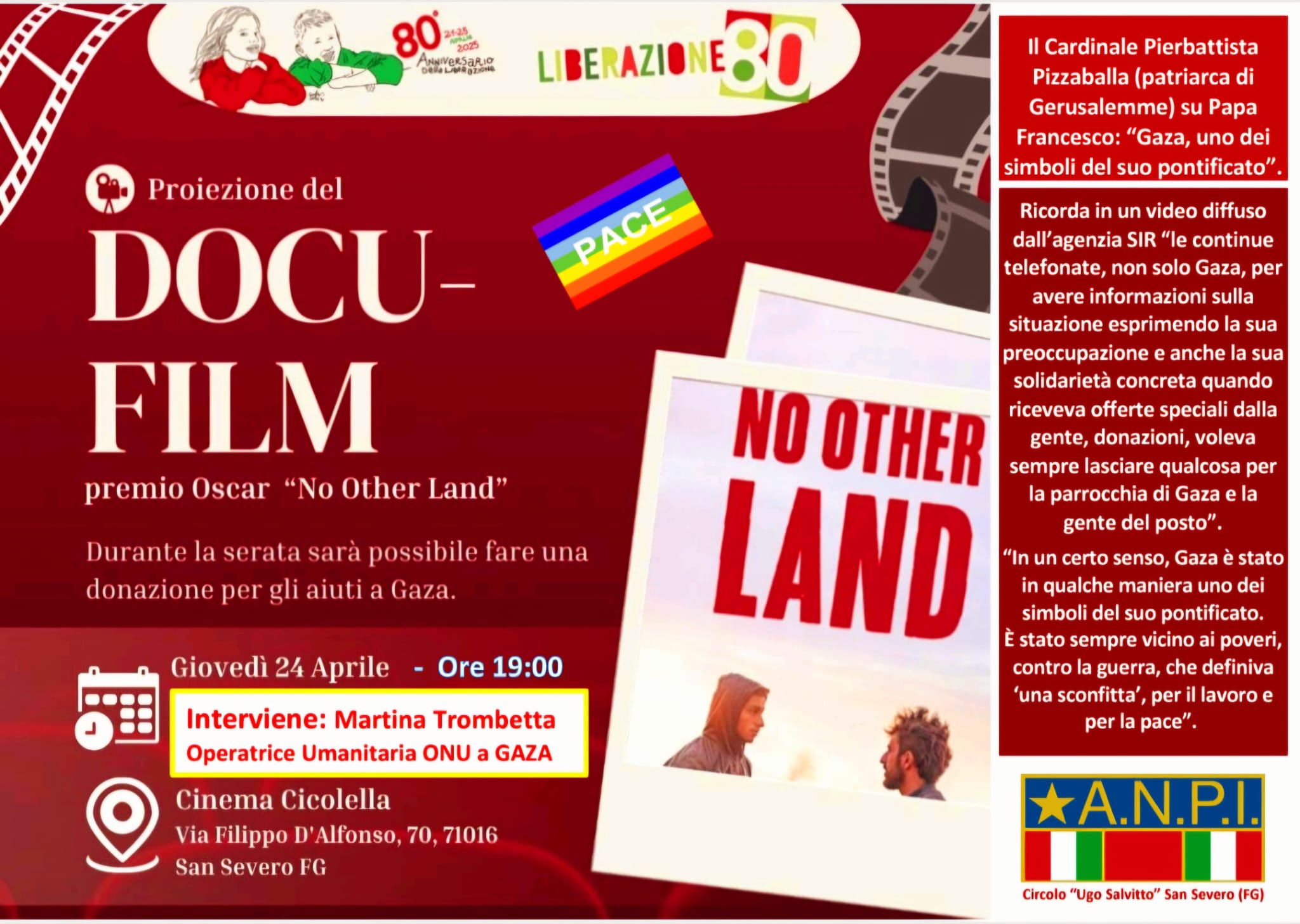 Evento organizzato dall’ANPI: proiezione del docufilm No Other Land il 24 aprile alle ore 19 al Cinema Cicolella di San Severo