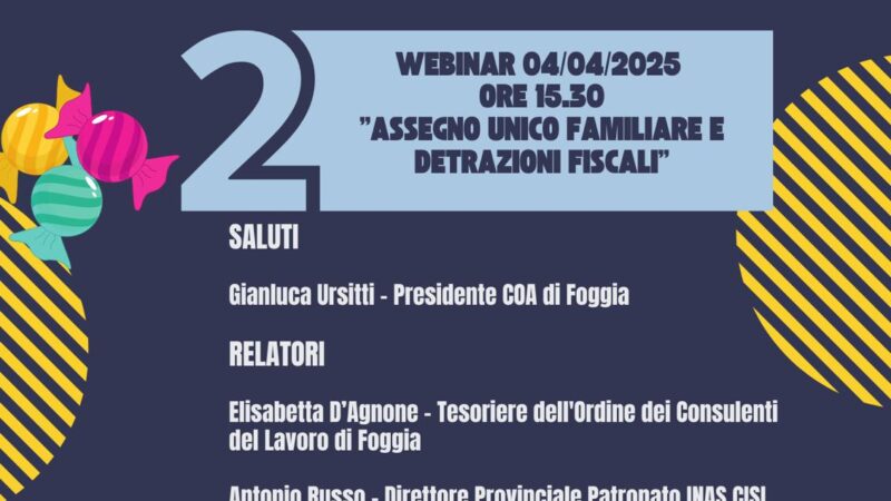 Webinar L’Assegno unico e le detrazioni fiscali il 4 aprile alle 15.30