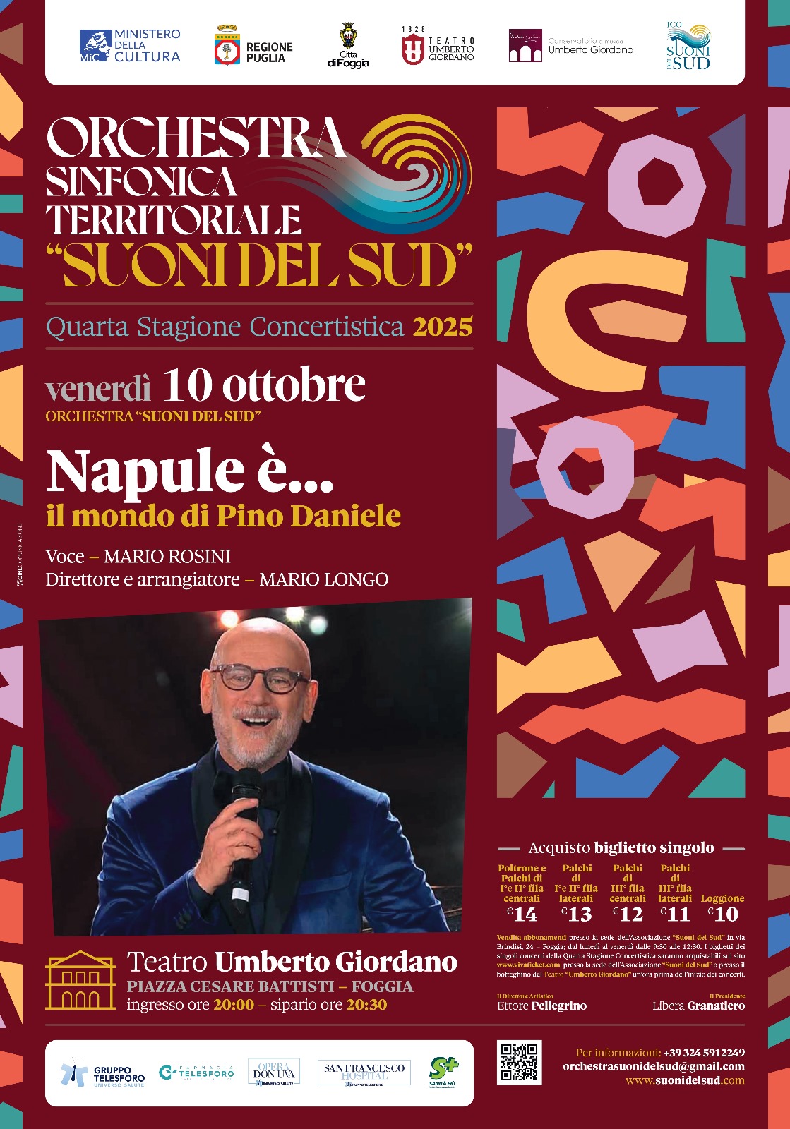 Napule è il mondo di Pino Daniele: Mario Rosini inaugura la seconda parte della Quarta stagione di Suoni del Sud il 10 ottobre 2025 al Teatro Umberto Giordano di Foggia