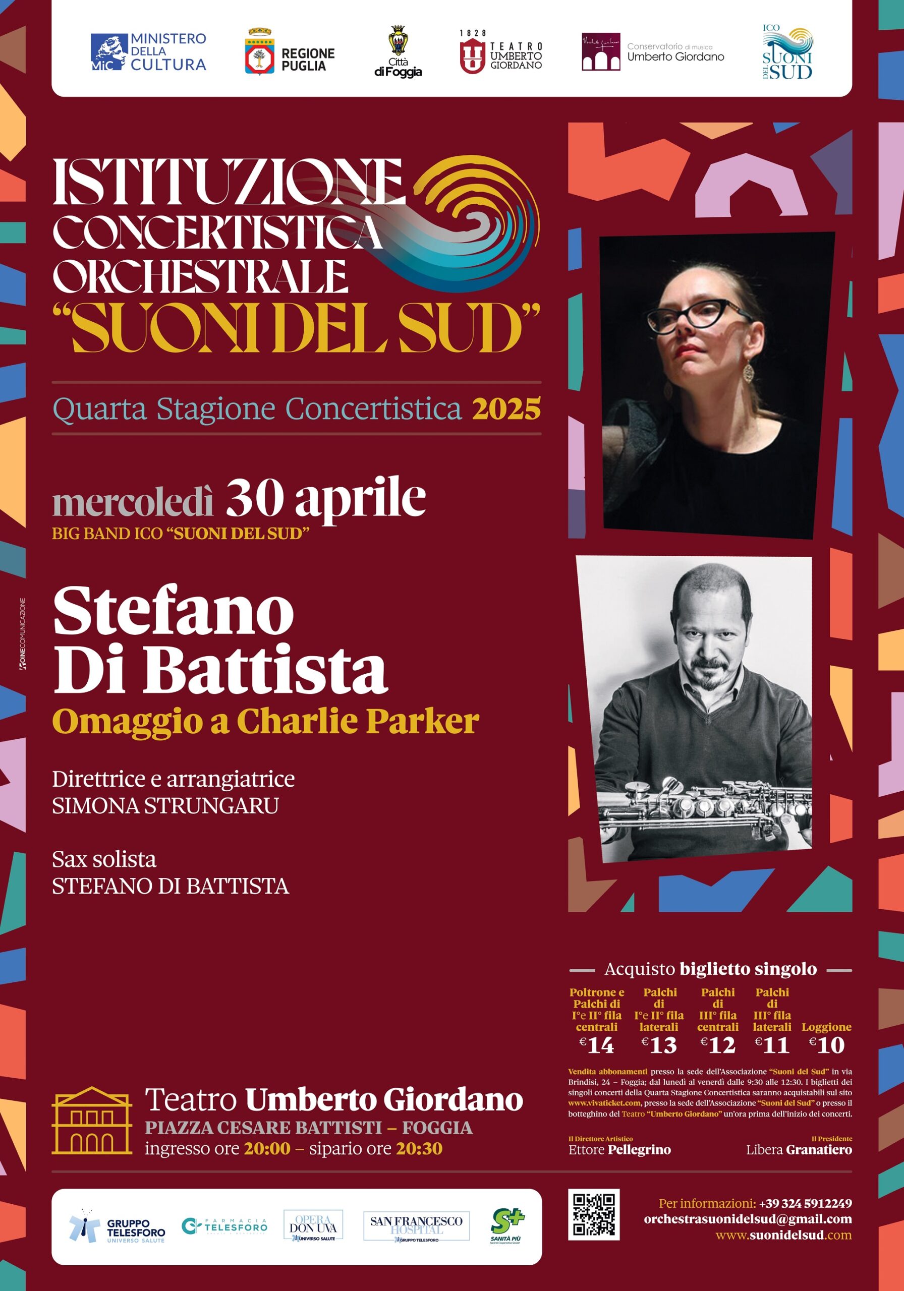 Tributo a Charlie Parker con Stefano Di Battista e la Big Band Ico Suoni del Sud il 30 aprile 2025 presso il Teatro Umberto Giordano di Foggia