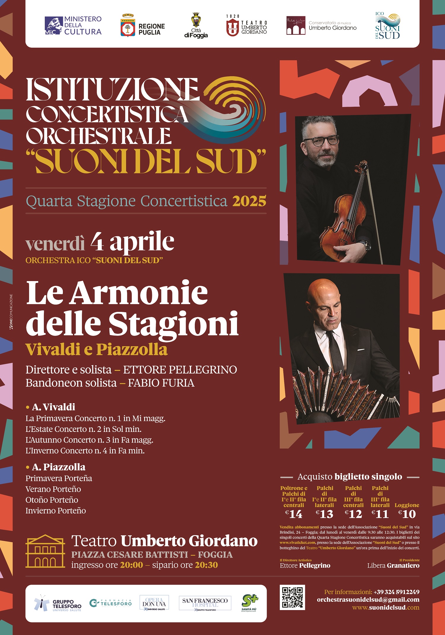 Il 4 aprile 2025 alle 20 il violinista Ettore Pellegrino e il bandoneonista Fabio Furia guideranno l’Orchestra ICO Suoni del Sud in un dialogo musicale senza tempo al Teatro Umberto Giordano di Foggia