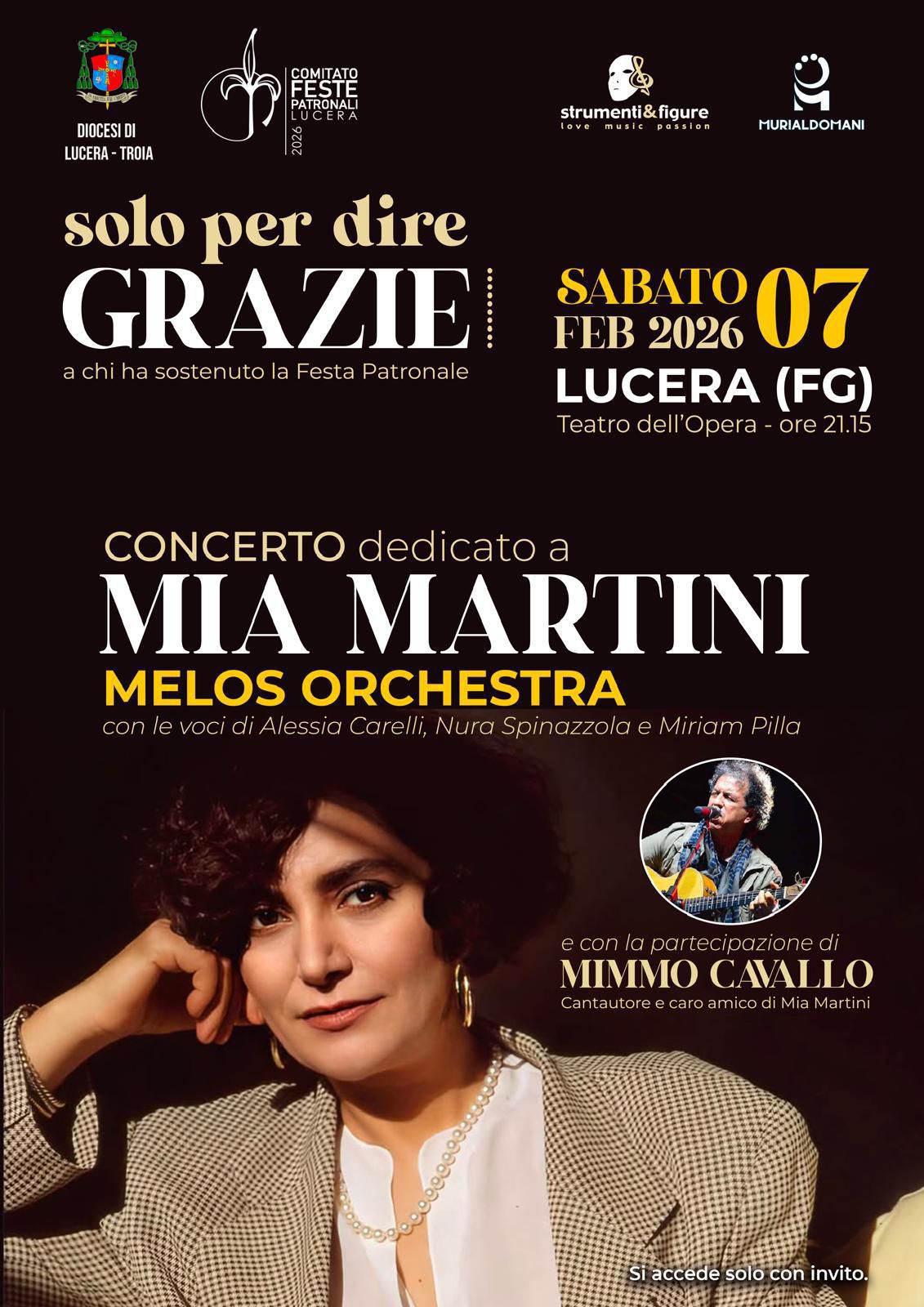 Solo per dire grazie: il Comitato Feste Patronali di Lucera riparte con un concerto tributo a Mia Martini sabato 7 febbraio 2026 alle ore 21.15 al Teatro dell’Opera