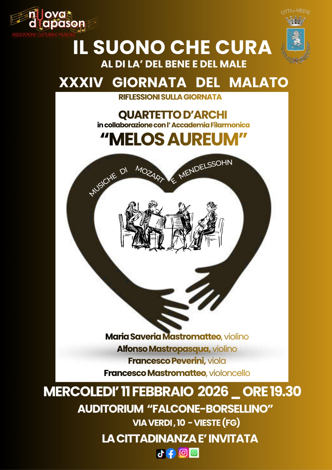 A Vieste la musica diventa cura: il Quartetto d’archi Melos Aureum in concerto per la Giornata del Malato l’11 febbraio 2026