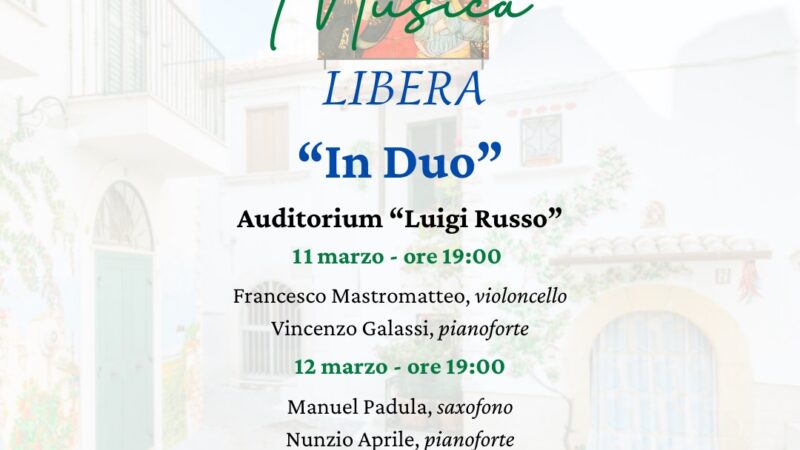 In Duo apre la stagione Musica Libera a Rodi Garganico per celebrare la donna e la musica nelle date 11,12 e 19 marzo all’Auditorium Luigi Russo