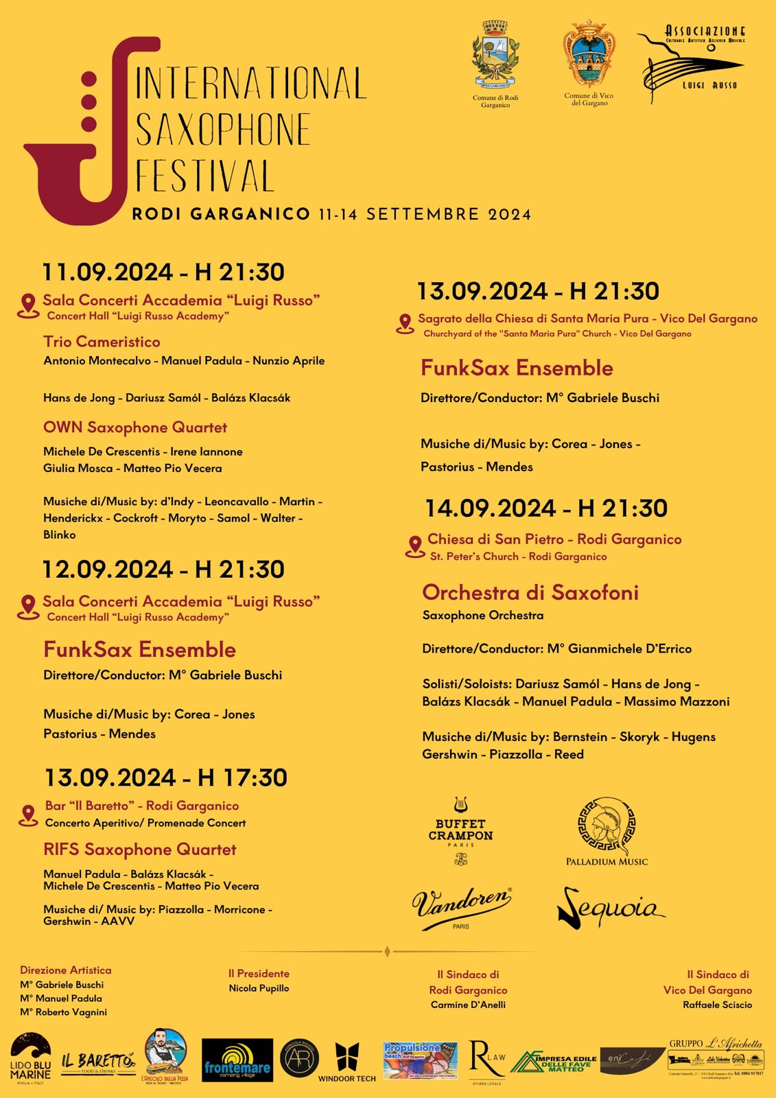 International Saxophone Festival della Capitanata a Rodi Garganico dall’11 al 14 settembre 2024 con alcuni dei più grandi saxofonisti al mondo come Massimo Mazzoni, Hans de Jong,  Balázs Klacsák e Dariusz Samól