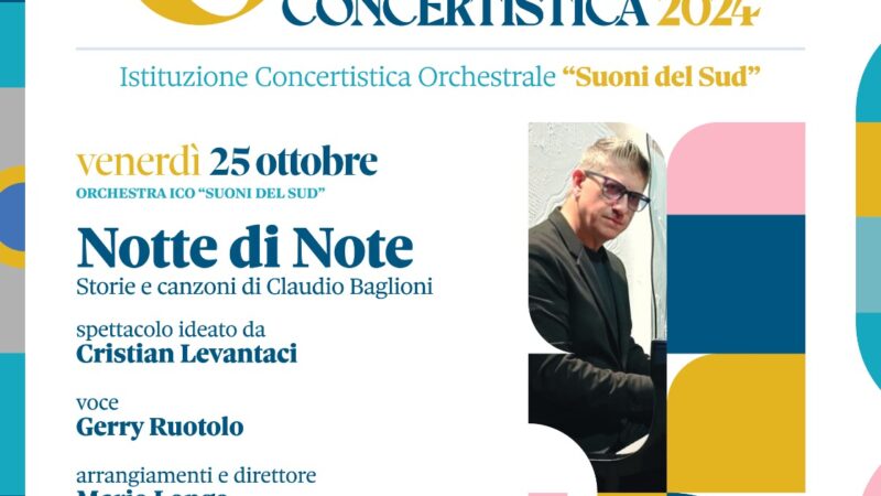 Notte di Note al Teatro Giordano di Foggia con storie e canzoni di Claudio Baglioni il 25 ottobre 2024 nell’ambito della Terza stagione dell’Orchestra ICO Suoni del Sud