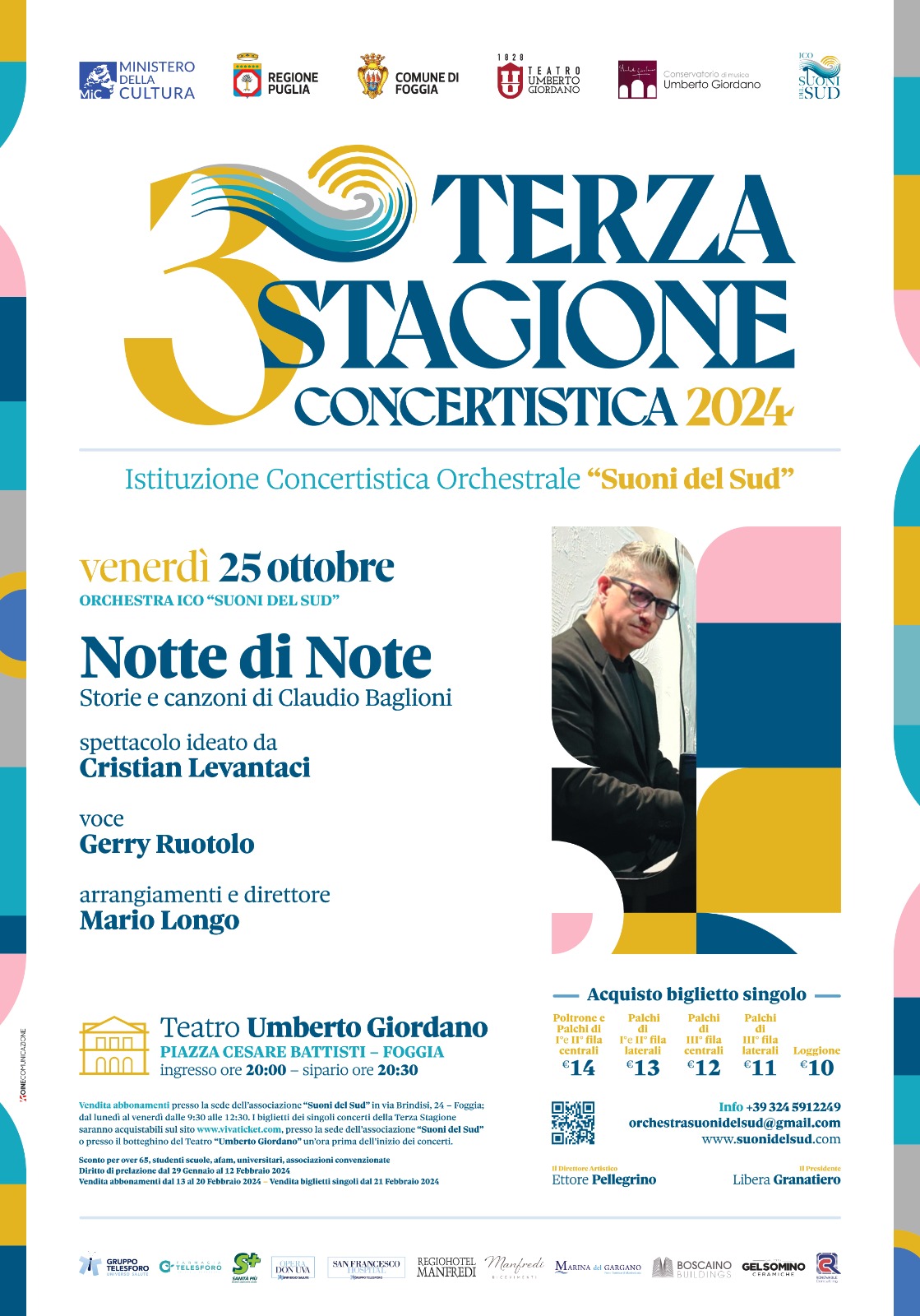 Notte di Note al Teatro Giordano di Foggia con storie e canzoni di Claudio Baglioni il 25 ottobre 2024 nell’ambito della Terza stagione dell’Orchestra ICO Suoni del Sud