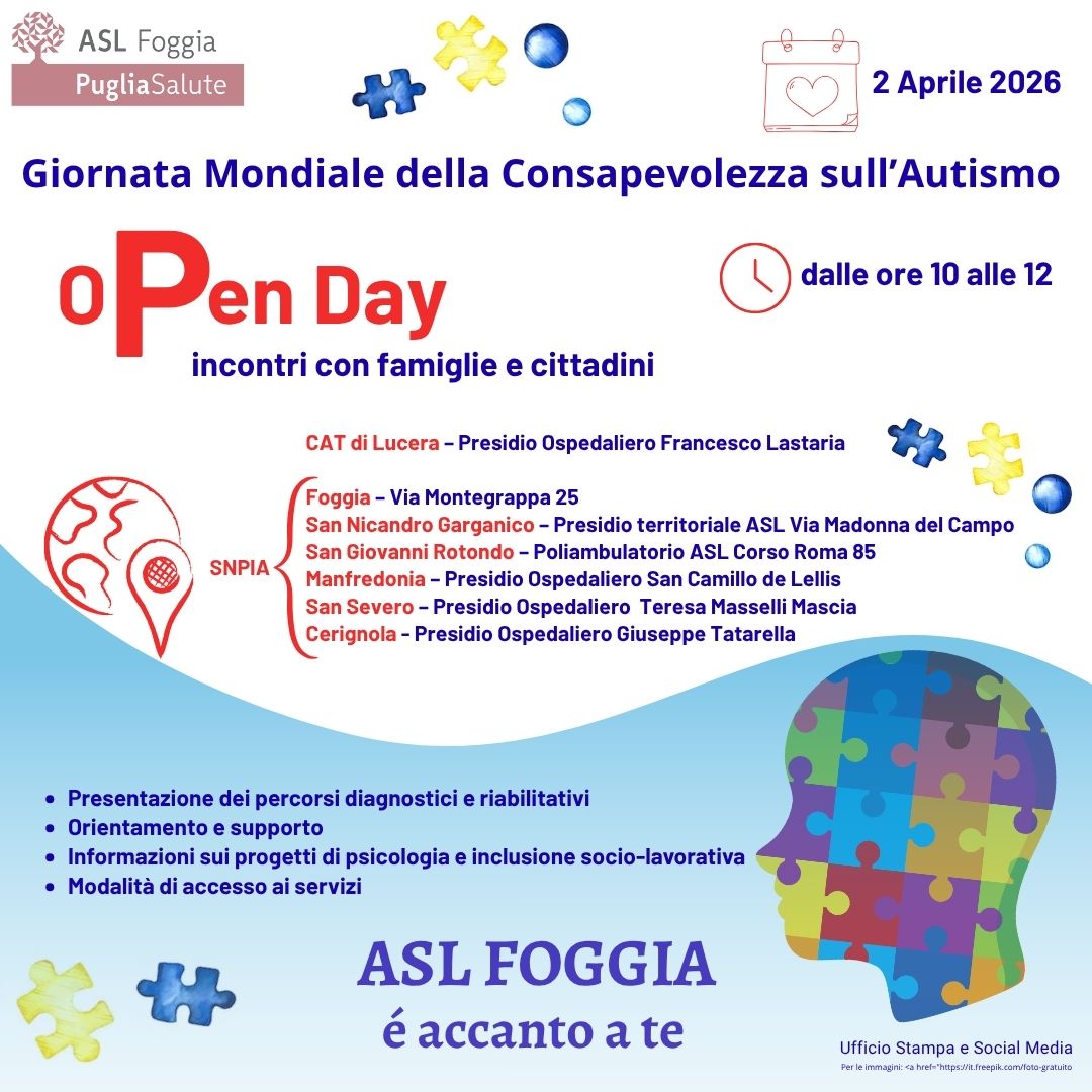 Giornata mondiale della consapevolezza sull’autismo, Open Day 2 aprile 2026 dalle 10 alle 12 in tutte le strutture ASL FG della Capitanata