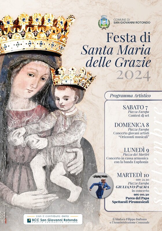 La festa patronale 2024 di San Giovanni Rotondo dedicata a Santa Maria delle Grazie si chiuderà con il concerto di Giuliano Palma il 10 settembre