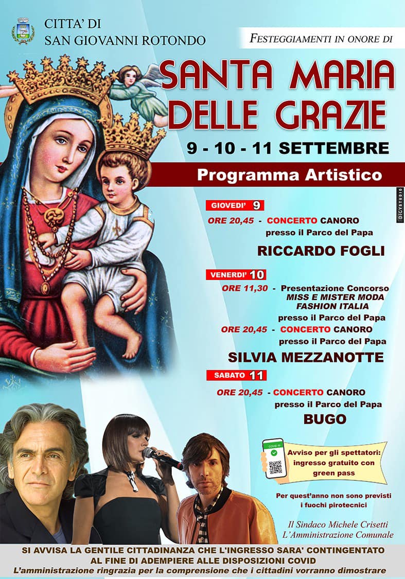 Programma festa Santa Maria delle Grazie dal 9 all’11 settembre 2021. Concerti canori di Riccardo Fogli, Silvia Mezzanotte e Bugo nella città di San Pio al Parco del Papa