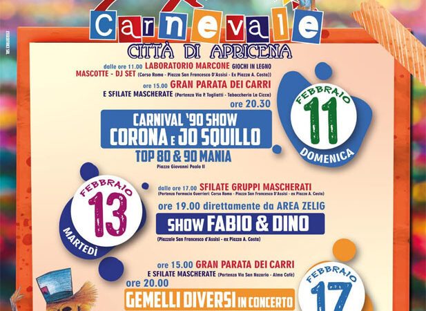 DODICESIMA EDIZIONE DEL CARNEVALE CITTÀ DI APRICENA L’11, IL 13 E IL 17 FEBBRAIO 2024
