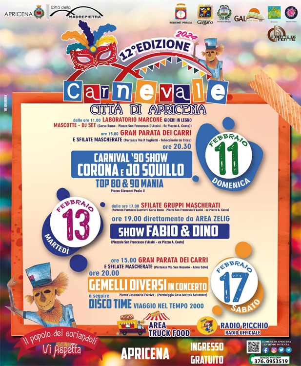 DODICESIMA EDIZIONE DEL CARNEVALE CITTÀ DI APRICENA L’11, IL 13 E IL 17 FEBBRAIO 2024