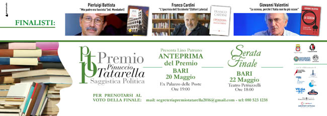 PREMIO DI SAGGISTICA POLITICA PINUCCIO TATARELLA, domenica 22 Serata finale al Teatro Petruzzelli