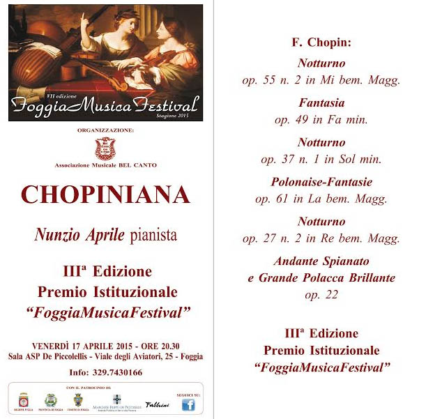 IV appuntamento con il Foggia Musica Festival : Nunzio Aprile eseguirà un programma dedicato a Chopin