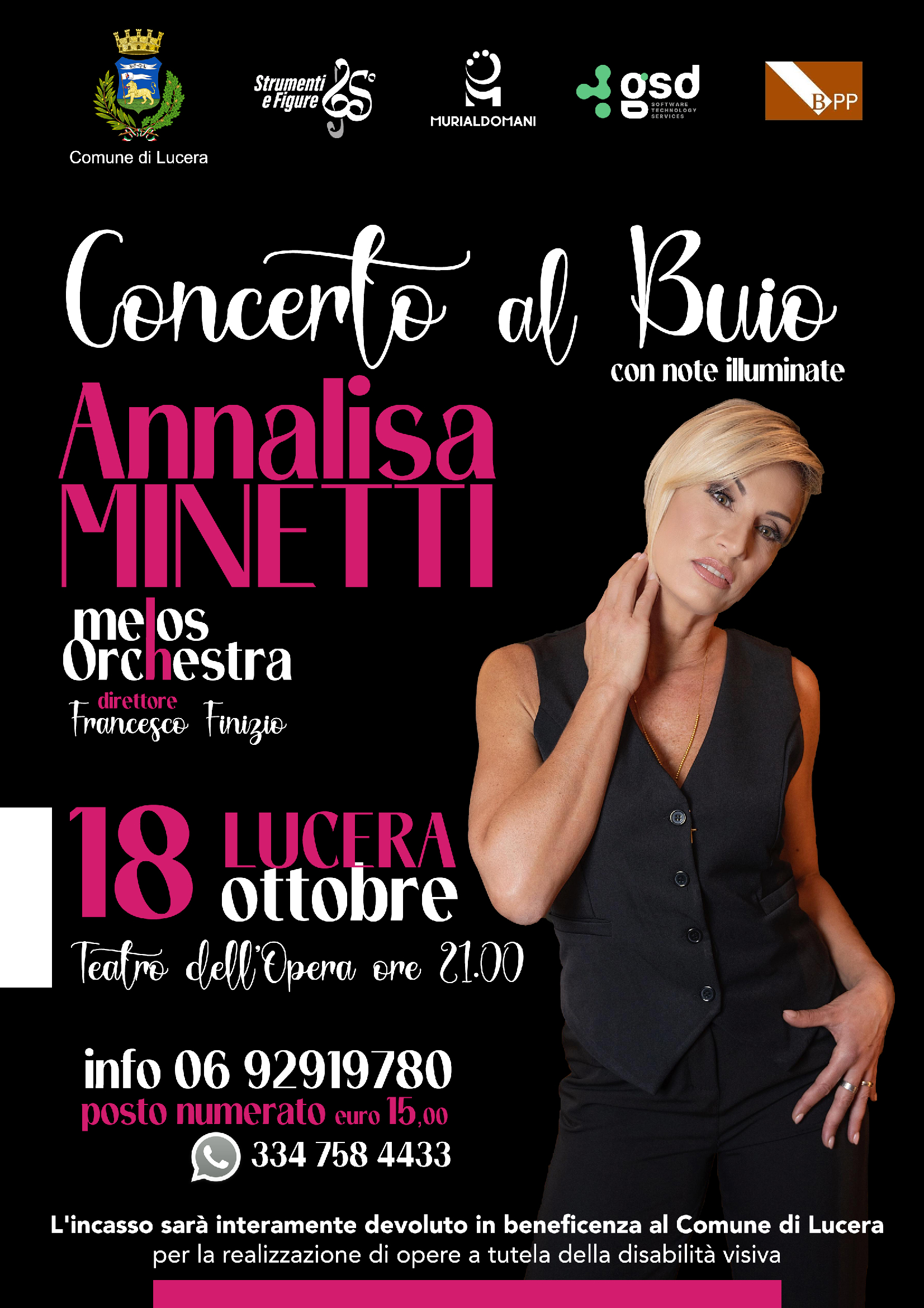 Concerto al buio con note illuminate da Annalisa Minetti e Melos Orchestra, per sensibilizzare sulla disabilità visiva. Appuntamento il 18 ottobre 2024 al Teatro dell’Opera di Lucera