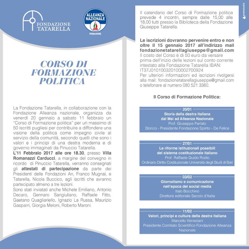 Corso di formazione politica a cura della Fondazione Tatarella, ecco i dettagli