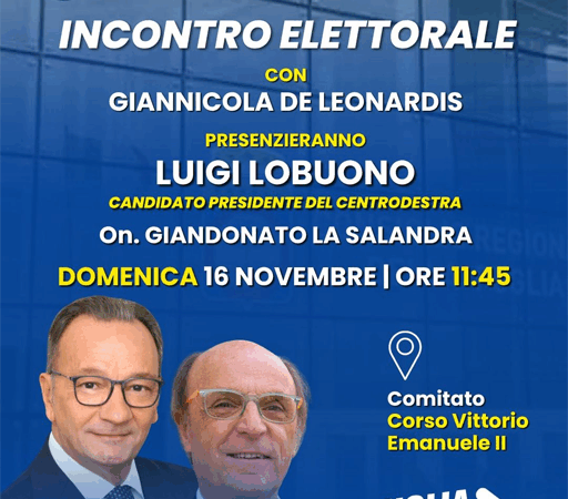 Domenica 16 novembre 2025 alle 11.45 a Foggia al Comitato di Corso Vittorio Emanuele II incontro elettorale con Giannicola De Leonardis, l’ On Giandonato La Salandra e con il candidato governatore del centrodestra Luigi Lobuono