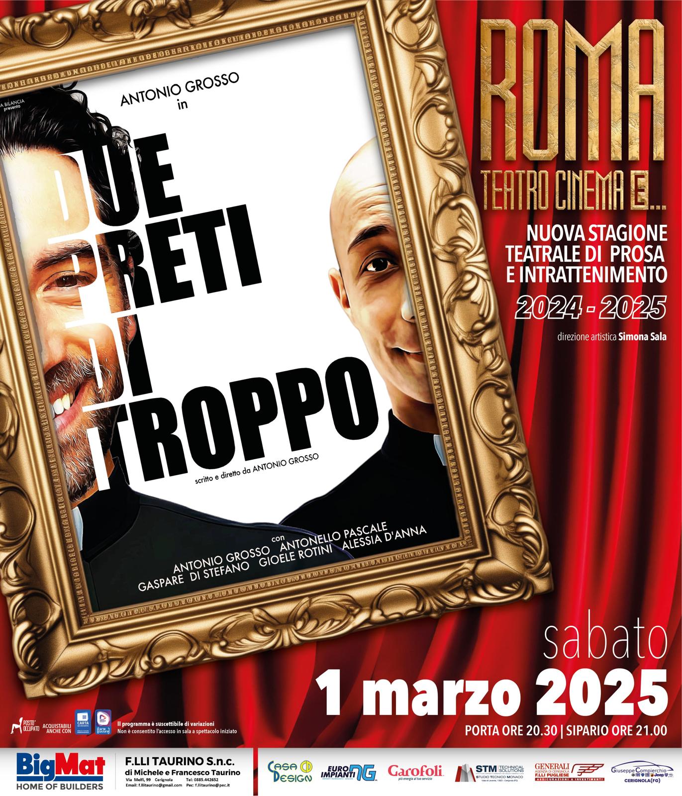 Due preti di troppo la brillante commedia di Antonio Grosso in scena al Teatro Roma di Cerignola il 1 marzo 2025