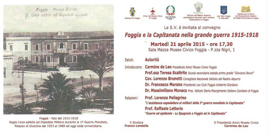 Convegno “Foggia e la Capitanata nella grande guerra 1915-1918” se ne parla il 21 aprile 2015