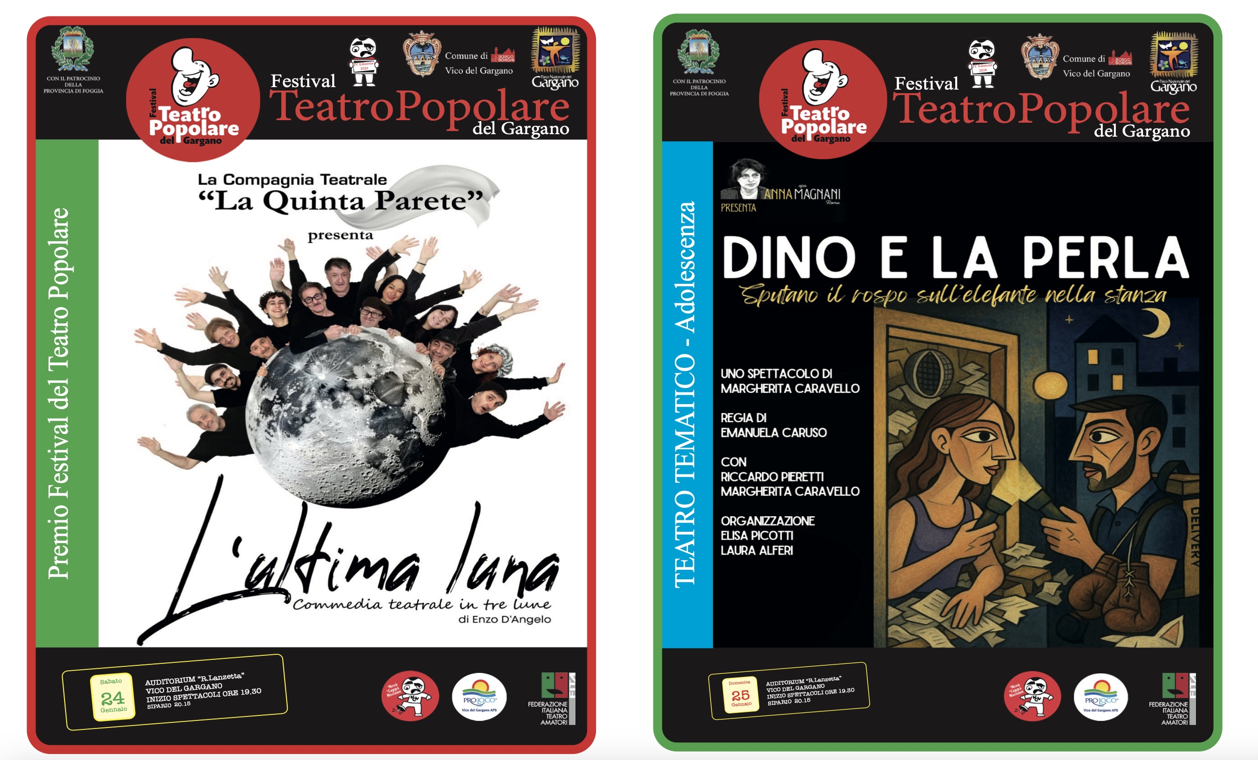 Teramo e Roma al Festival del Teatro Popolare del Gargano sabato 24 e domenica 25 gennaio 2026 sul palco del Lanzetta L’ultima luna e Dino e la perla