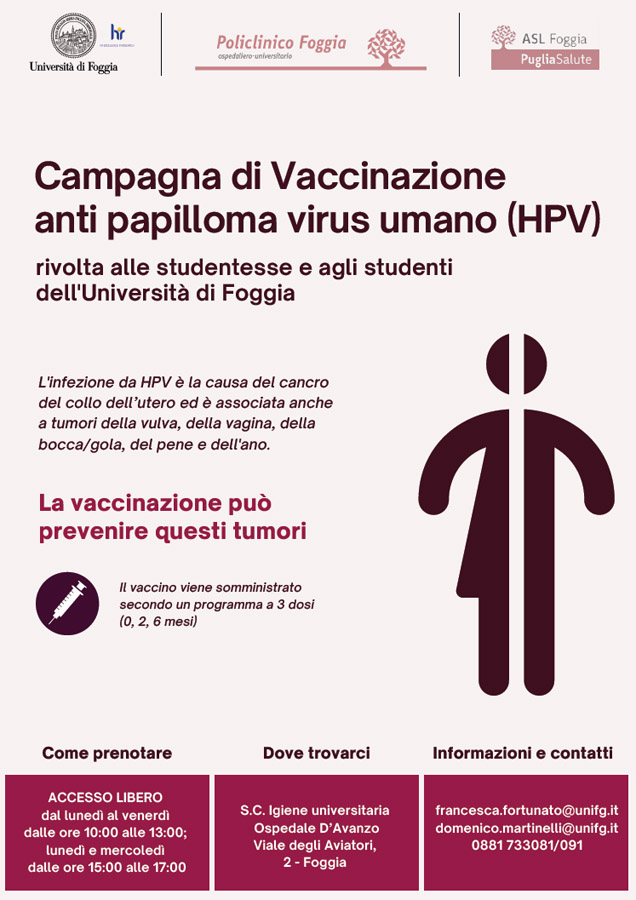 Al via la campagna di vaccinazione contro il Papillomavirus Umano (HPV) promossa dall’Università di Foggia in collaborazione con il Policlinico Riuniti di Foggia e la ASL Foggia