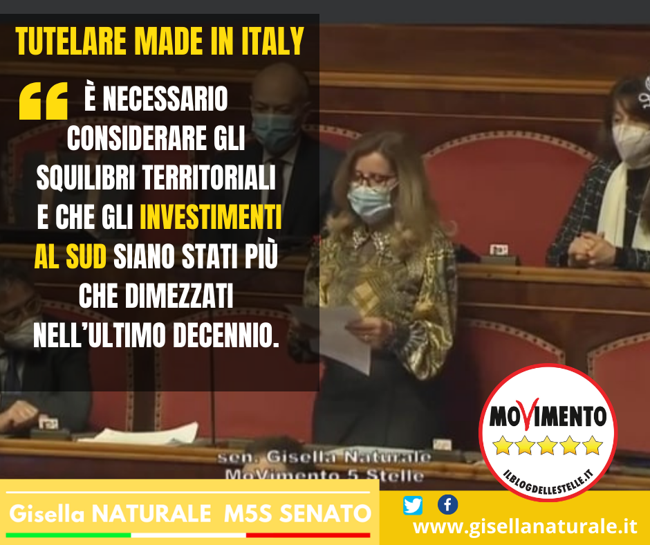 Gisella Naturale (M5S)sulla tutela del Made in Italy : è necessario considerare gli squilibri territoriali e che gli investimenti al sud siano stati più che dimezzati