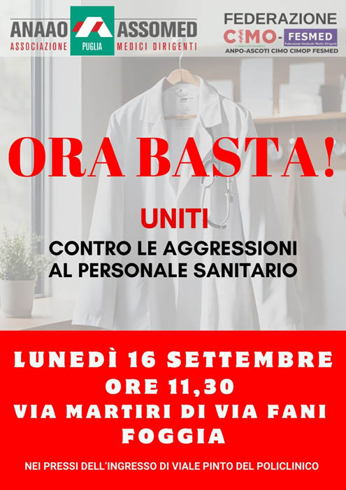 Il 16 settembre 2024 a Foggia i medici in piazza contro le aggressioni al personale sanitario