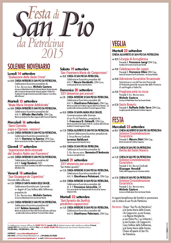 Programma Festa S.Pio 2015, a San Giovanni Rotondo (Fg)