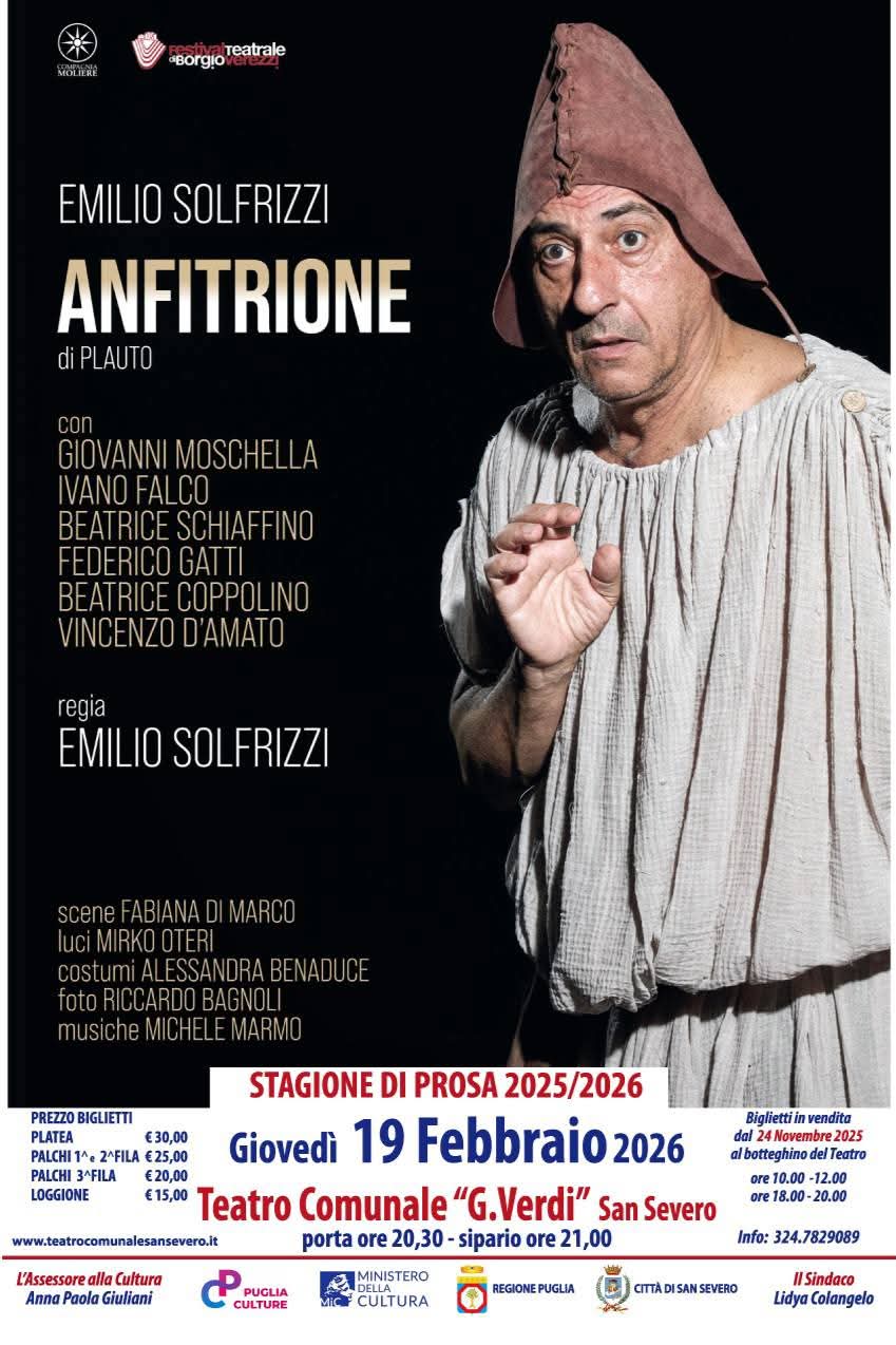 Stagione Teatrale 2026 a San Severo di Puglia: giovedì 19 febbraio al Teatro Verdi Emilio Solfrizzi in Anfitrione